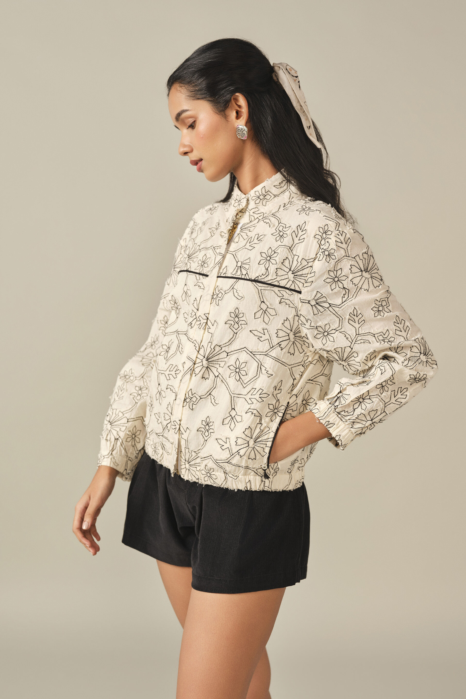 Embroidered Cotton Bomber Jacket in White, Off White, image 5
